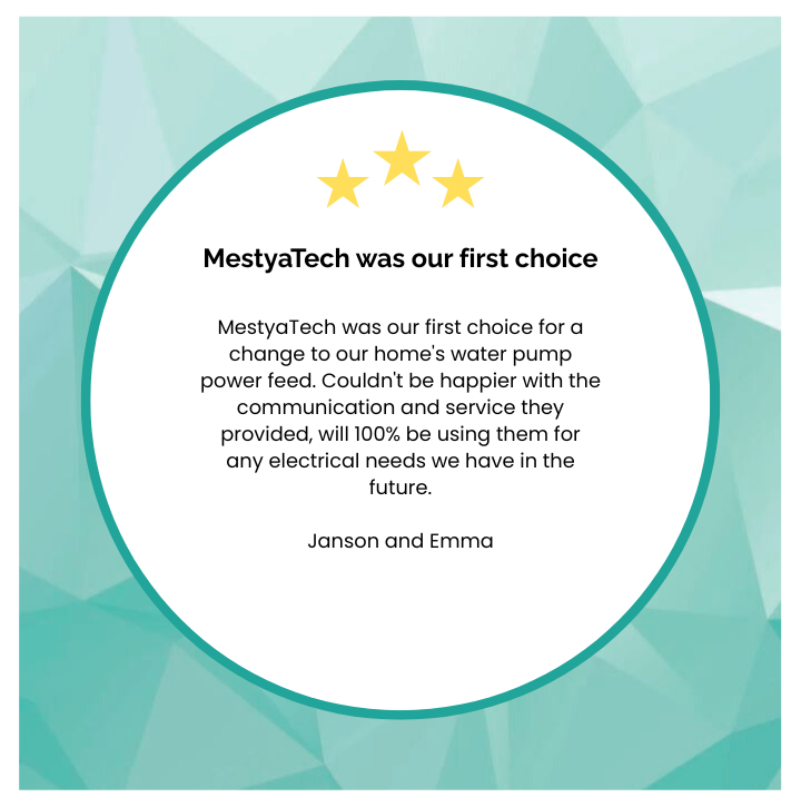 Satisfied clients Janson and Emma – electrical service for water pump power feed by Mestyatech, Palmerston North